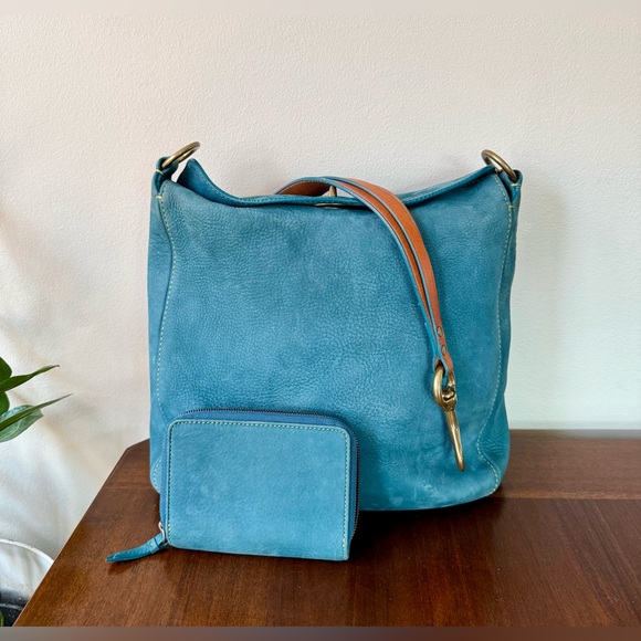 Vintage Coach Nubuc Chelsea Large Hobo in Teal and Compact Wallet - Picture 2 of 14